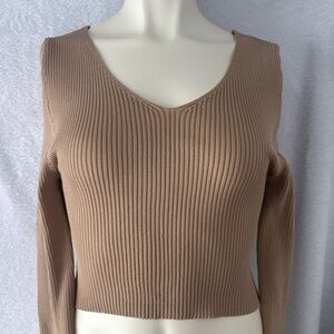 Ribbed Knit Long Sleeve Top‎ V-Neck Fitted Pullover Sweater